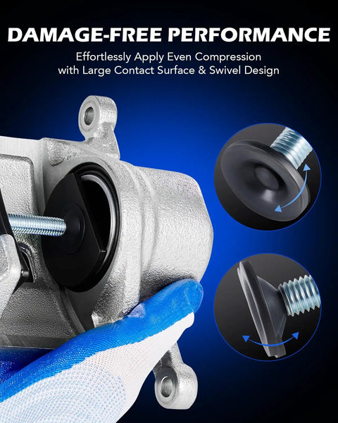 Heavy Duty Brake Pad Spreader Tool For Cars And Light Trucks No Sweat Piston Compressor To Reset Inner Pads And Retract Caliper Pistons Solid Steel Caliper Spreader For Easy Brake Pad Replacement And Maintenance in use, showing compression mechanism with swivel design.