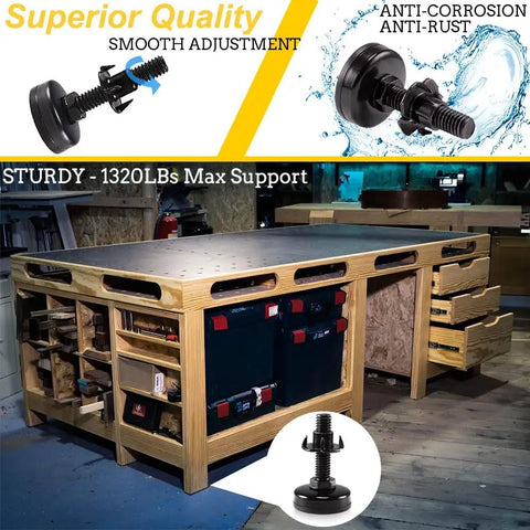 Rock Solid Adjustable Furniture Leveling Feet 3/8 Inch By 16 Thread Holds 1320 Lbs With T Nut Kit To Knock Out Wobbly Sofas Cabinets Tables Chairs Quick Black Four Pack on sturdy workbench.