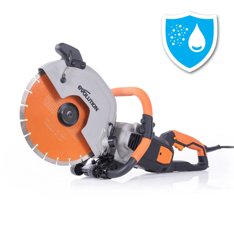 Side view of R12DCT 12 Inch Concrete Saw With Water Fed Dust Suppression For Masonry Electric No Gas Four And One Half Inch Cut Depth Adjustable Blade Guard Includes Premium Diamond Blade Workhorse Heavy Duty Dust Control.