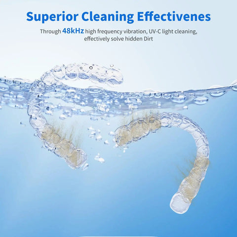 Ultrasonic Retainer Cleaner Pod With 48kHz Deep Cleaning Pro Grade For Dentures in water showing superior cleaning effectiveness