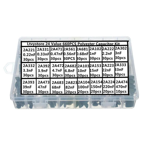 Capacitor Kit For Electronics Enthusiasts, Metalized Mylar Polyester Film Capacitors Assorted 0.22nF To 470nF, labeled box