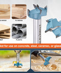 Straight Shooter 13/16 Inch Forstner Drill Bits, 2 Pack Tungsten Carbide Woodworking Hole Saw Kit with solid wood and plastic examples.