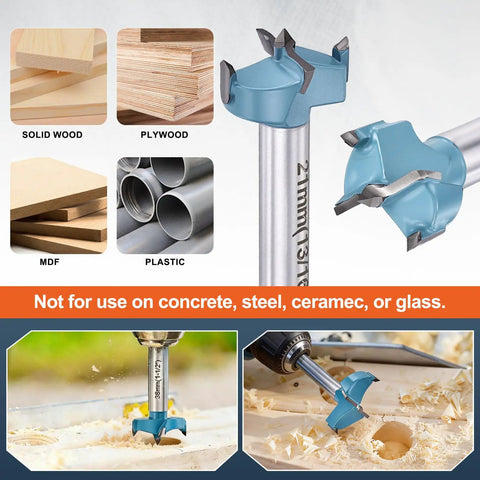 Straight Shooter 13/16 Inch Forstner Drill Bits, 2 Pack Tungsten Carbide Woodworking Hole Saw Kit with solid wood and plastic examples.