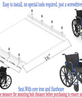 Badass Black Nylon Wheelchair Seat Cushion For K1 K2 Models 16X16 Inches with hardware shown, installation guide with measurements.