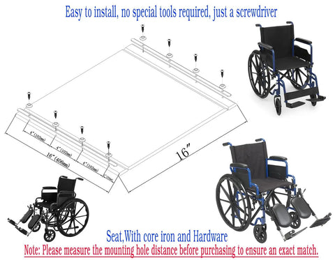 Badass Black Nylon Wheelchair Seat Cushion For K1 K2 Models 16X16 Inches with hardware shown, installation guide with measurements.