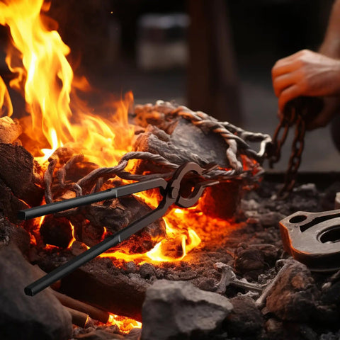 Blacksmith using Five Piece Blacksmith Tools Kit With Pro Grade V Bit Tongs near fire during metalworking.