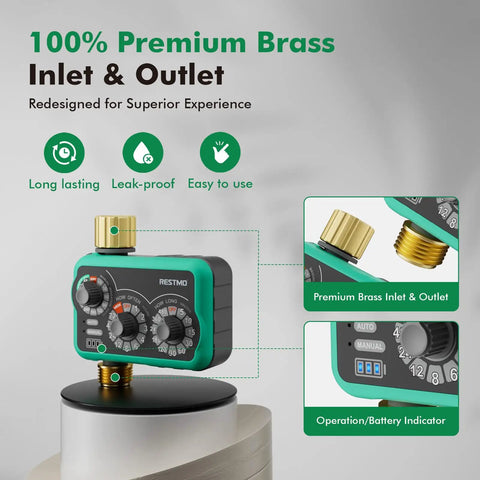 Three Dial Analog Sprinkler Timer With Brass Inlet And Outlet For Garden Hose on display, close-up on brass fittings