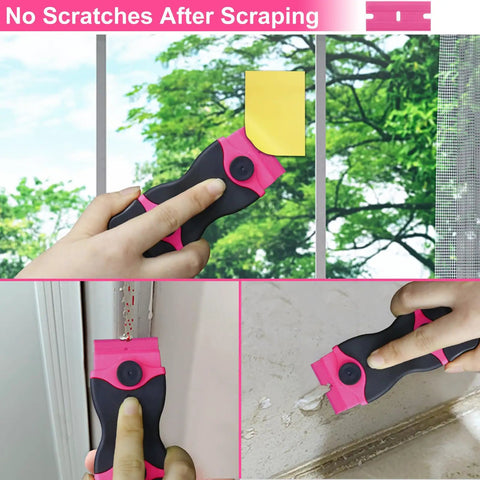 Pink Razor Scraper 2 In 1 Tool Set With 20 Razor Blades for removing stickers from window and wall close-up