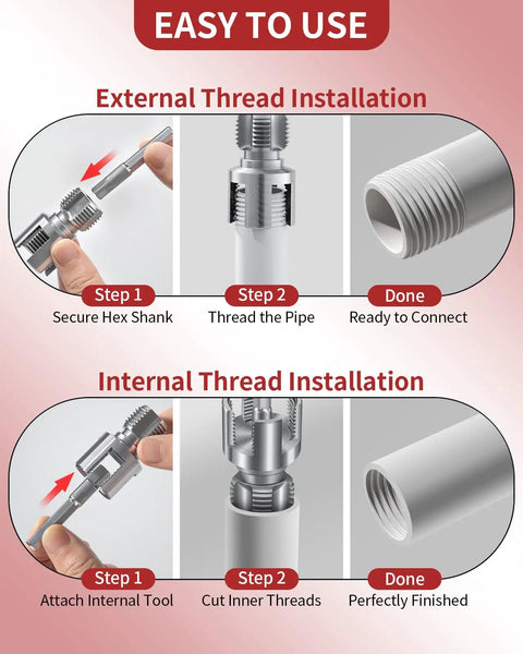 Diagram showing use of 4 In 1 PVC Pipe Threader Kit For Drill With Internal And External Threading And Reaming Fits One Half Three Quarters One Inch PVC PP PE Pipes To Create NPT Threads For Leak Free Water Fittings Heavy Duty Plastic Tool 3 Piece Set