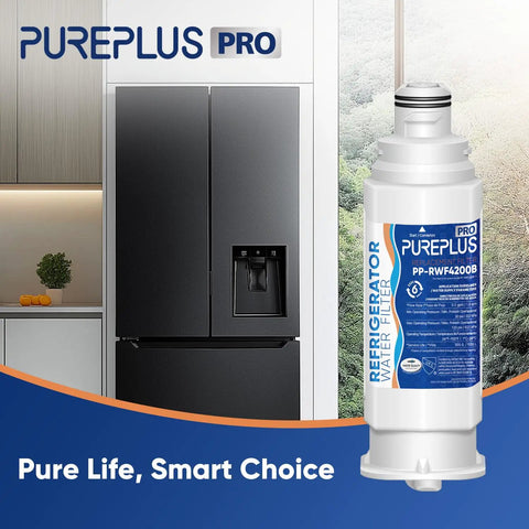 Premium Refrigerator Water Filter Replacement For Samsung NSF 53 And 42 Certified BPA Free beside black fridge