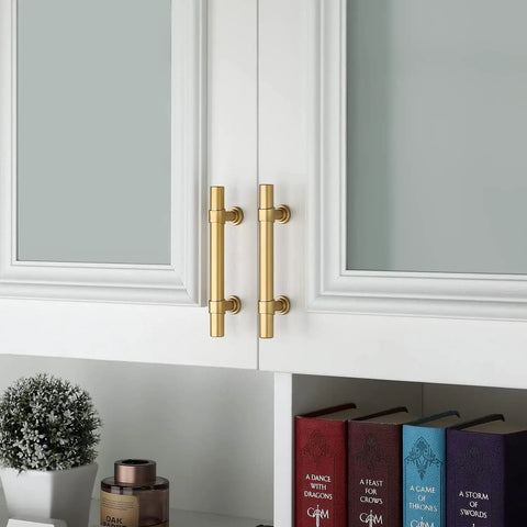 15 Pack Three And Three Quarters Inch Hole Center Gold Cabinet Handles Brushed Brass Drawer Pulls on white cabinet