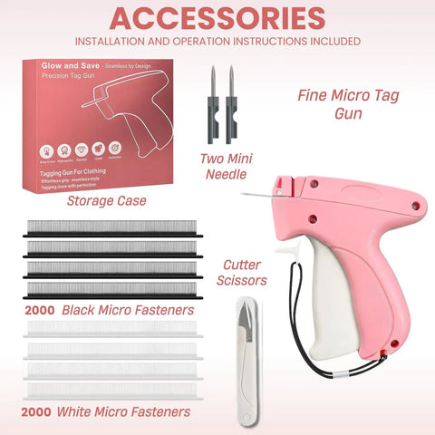 Straight Up The Ultimate Stitch Gun For Clothes Repair And Quick Fix Tagging For Seam Hemming Or Fabric Labeling Comes Loaded With Two Needles One Scissors And Four Thousand White Black Fasteners Seriously Kickass image showing tag gun, needles, scissors, and fasteners.