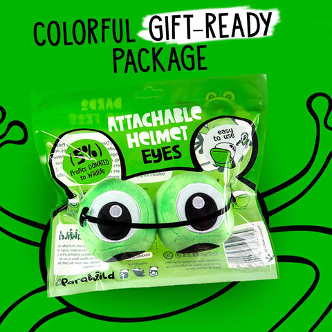 Totally Fun Frog Helmet Accessory Set With Sticky Hook And Loop Fastener Adhesive Eyes And Ears Cover For Snowboarding Skiing Biking Cycling Skating For Kids And Adults Helmet Not Included packaging with attachable helmet eyes.