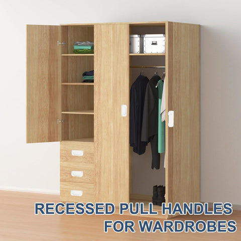 Recessed Flush Pull Door Handle Set 6 Pack Milk White Durable Iron Construction installed on wooden wardrobe doors.