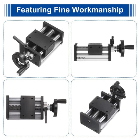 Beefy 50mm Travel Manual Sliding Linear Stage With Ball Screw SFU1605 shown in various angles and installations