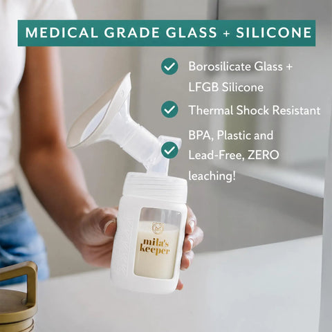 Ultra Wide Neck Glass Breast Milk Storage Bottles For Pumping And Feeding Bpa Free Silicone Caps Fit Most Pumps Aspen White Pair For Busy Mommas Keeping Fresh Stashes On Deck with Borosilicate glass and silicone.