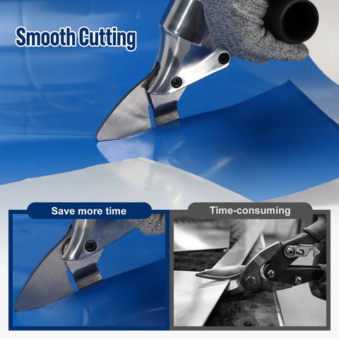 VlOXO sheet metal cutter drill attachment with 360-degree pivoting handle cutting steel sheet.