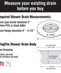 Diagram showing measurements for Shower Drain Replacement Kit With Top Install Chrome SD1000, includes 2" PVC/ABS compatibility.