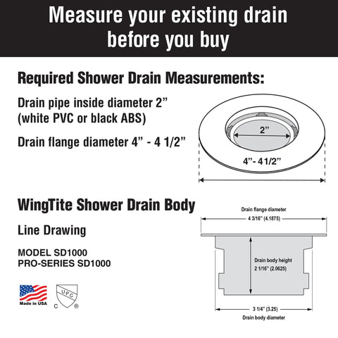Diagram showing measurements for Shower Drain Replacement Kit With Top Install Chrome SD1000, includes 2" PVC/ABS compatibility.