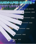 Six grits of sandpaper sheets from 120 to 1000 included in 18 Inch Fret Leveling Beam Guitar Fret Leveler Kit With Complete Tool Set.