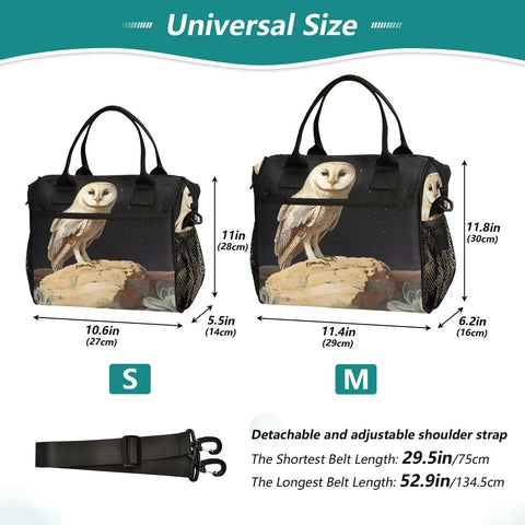 Large Insulated Lunch Bag With Owl Desert Landscape Design Portable Leakproof Soft Cooler Tote For Men Women Holds 18 Cans Beach Camp Picnic Road Trip, shown in small and medium sizes with dimensions and detachable strap.
