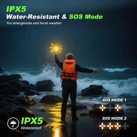 Person in orange jacket holding IPX5 water-resistant lantern with SOS mode by rocky shoreline at night