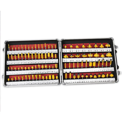 Quarter Inch Shank One Hundred Piece Set Tungsten Carbide Router Bits organized in a durable case for woodworking projects.