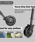 Rock Solid 4.3 Inch Spring Loaded Gate Wheel Heavy Duty Casters For Wood Fence Gates Black Shock Absorbing Roller 200 Lbs Capacity close-up of caster wheel for various surfaces