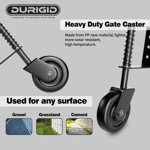 Rock Solid 4.3 Inch Spring Loaded Gate Wheel Heavy Duty Casters For Wood Fence Gates Black Shock Absorbing Roller 200 Lbs Capacity close-up of caster wheel for various surfaces