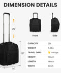 16 Inch Underseat Carry On Luggage With Wheels 3 In 1 Design in black fabric shown in front, side views with dimension details