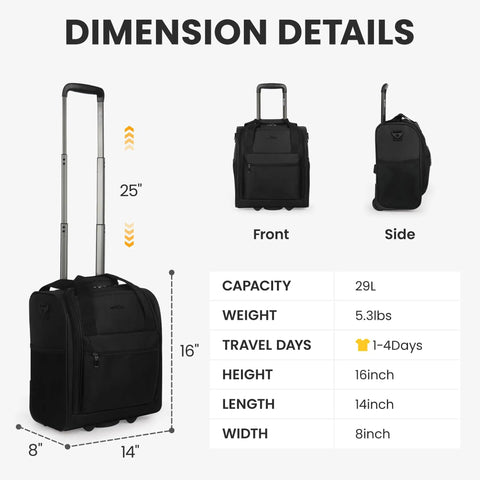 16 Inch Underseat Carry On Luggage With Wheels 3 In 1 Design in black fabric shown in front, side views with dimension details
