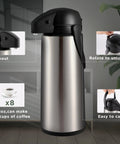 68 Oz Thermal Coffee Carafe With Pump Stainless Steel Insulated Dispenser Keeps Coffee Hot For 12 To 14 Hours And Cold For Up To 12 Hours Ideal For Home Office Travel Great For Breakfast On The Go And Office Break Rooms shown with features in living room setting.
