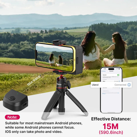 Grip Holder For Smartphone With Remote Shutter Tripod Mount And Removable Ring Light in landscape shooting mode with two people outdoors.