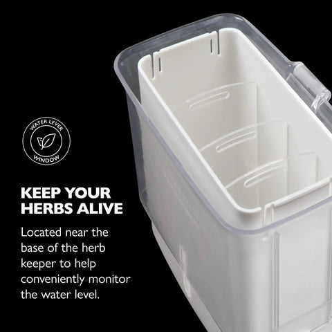 Fresh Herb Keeper For The Fridge With Flip And Slide Lid Acrylic Storage showing water level indicator for moisture control