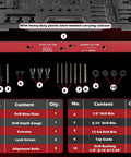 Manifold drill template kit for GM/Chevy LS engines; red front plate with driver and passenger marks; includes drill bits, extractors and case.
