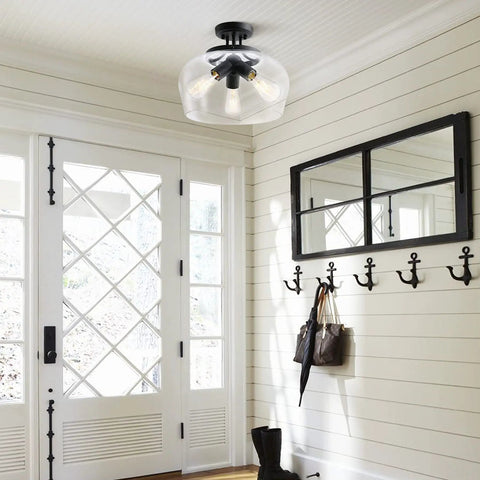 Industrial Semi Flush Mount Ceiling Light With Clear Glass Shade In Matte Black Finish, 13.8 Inch Diameter, Hallway Fixture