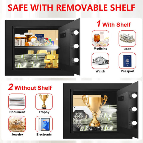 1.3 Cu Ft Fireproof Safe For Home Use Compact Anti Theft Safe For Documents And Jewelry With Water Resistance Digital Combination Lock Smart Alert System Removable Shelf Hidden Safe Box To Keep Your Valuables Secure showing shelves with valuables