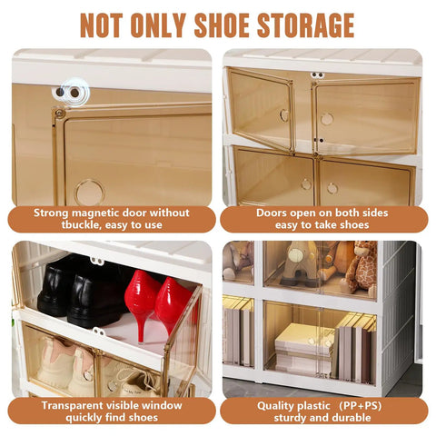 8-Tier Foldable Shoes Rack Organizer With Clear Plastic Boxes Space Saving Stackable Closet Shoe Cabinet showing strong magnetic doors and visible windows