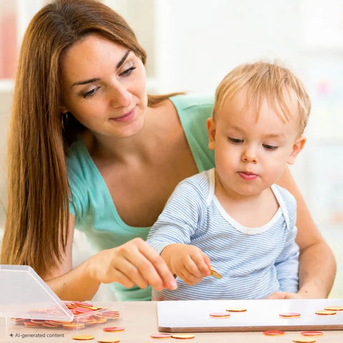 Mom and child using Totally Kid Approved Two Color Counters 100 Pack In Heavy Duty Plastic Case for math practice.