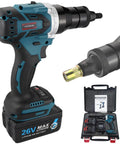 Heavy Duty 2 In 1 Cordless Rivet Nut Gun Set With Portable Pop Rivet Tool For M3 To M12 Sizes With Dual 5200 Mah Batteries, featuring a 26V lithium-ion battery.