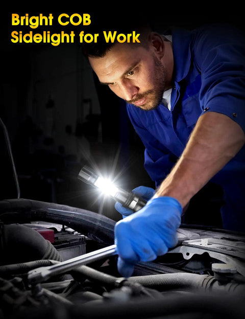 Person working on car engine with Rechargeable LED Flashlight With COB Sidelight Beast Mode Bright High Lumen Beam