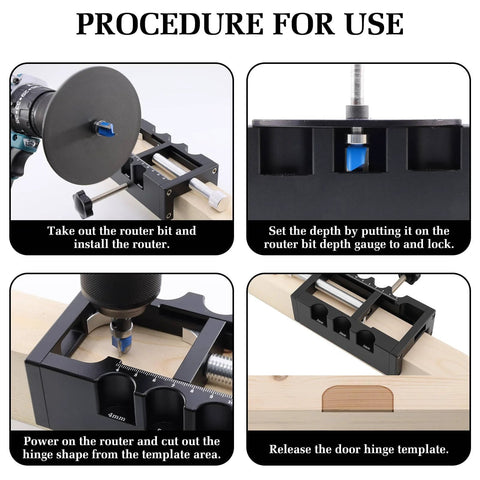 Versatile Aluminum Door Hinge Mortise Jig for Quick and Precise Hinge Installation, Router Template Kit in use steps