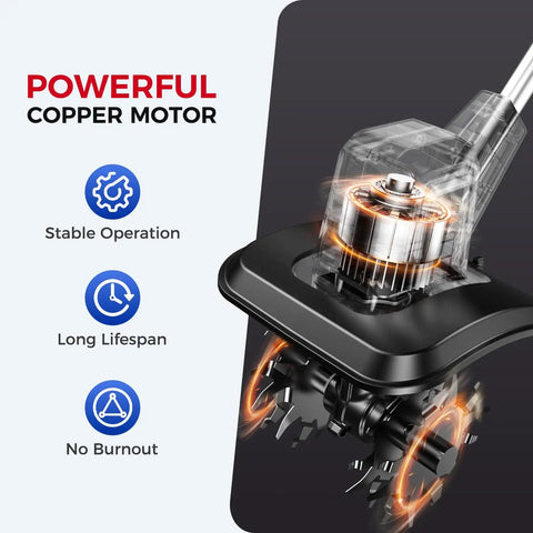 Cordless Electric Tiller For Gardening With Dual 4.0Ah Batteries, Total 8.0Ah Power, highlighting powerful copper motor features.