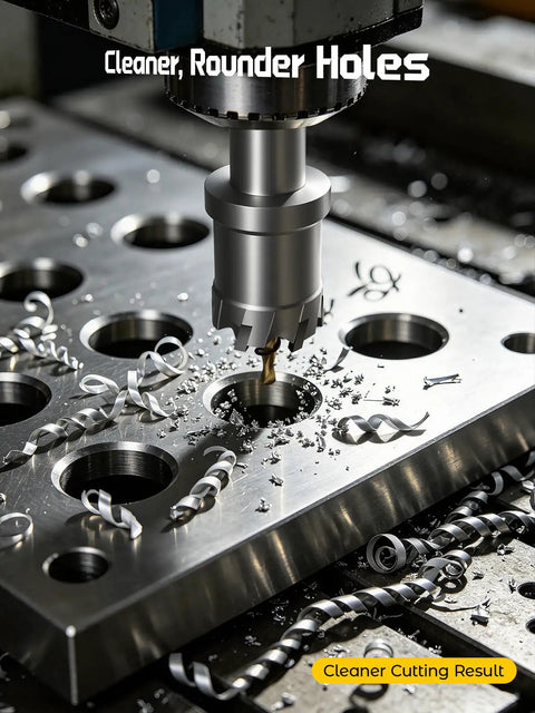 Rock Hard Carbide Hole Saw Kit For Metal Working Twenty One Piece TCT Cutter Set creating cleaner, rounder holes in metal.