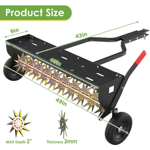 Tow Behind Spike Aerator 40 Inch Heavy Duty Rolling Lawn Aerator With 3D Star Tines And Weight Tray shown with dimensions