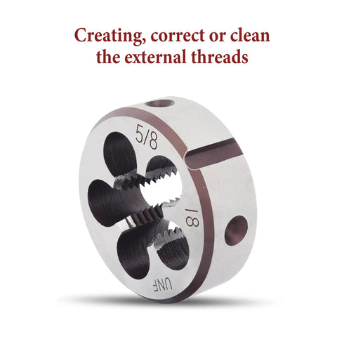 5/8x18 UNF Round Threading Die, right-hand, shop grade heavy-duty alloy tool steel, 2A accuracy, machinist style, front view
