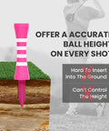 Wood Castle Golf Tees Set Mixed Colors, Step Down Training Tees In 1 Inch, 1 And A Quarter Inch, 1 And Three Quarter Inch, 2 Inch, And 2 And Three Eighths Inch Heights, High Visibility For Men And Women, 100 Pack, showcasing pink tee in soil with benefits listed.