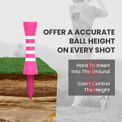 Wood Castle Golf Tees Set Mixed Colors, Step Down Training Tees In 1 Inch, 1 And A Quarter Inch, 1 And Three Quarter Inch, 2 Inch, And 2 And Three Eighths Inch Heights, High Visibility For Men And Women, 100 Pack, showcasing pink tee in soil with benefits listed.