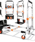3 In 1 Aluminum Folding Hand Truck Dolly Cart With Wheels, Heavy Duty Convertible Cart for Furniture, Silver Orange, flat and upright views