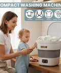 Woman and child using No Sweat Compact Portable Washer With 15L Spin Basket Designed For Underwear Socks And Delicate Clothes Easy Pack Away Design.